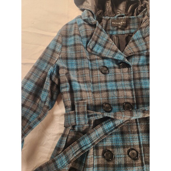 Metaphor Women’s XL Plaid Hooded Peacoat Wool Blend Double Breasted Belted - Picture 2 of 13